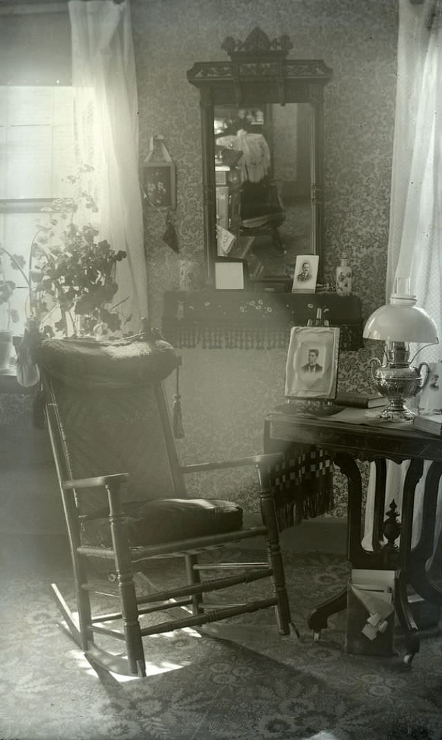 #11 Horack parlor with rocking chair and mirror, circa 1892-1900