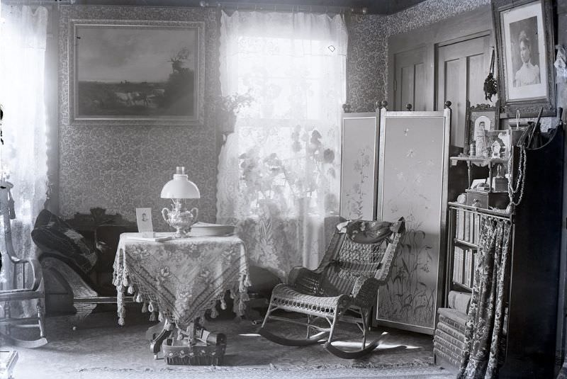 #12 Horack parlor with screen and wicker rocking chair, circa 1892-1900