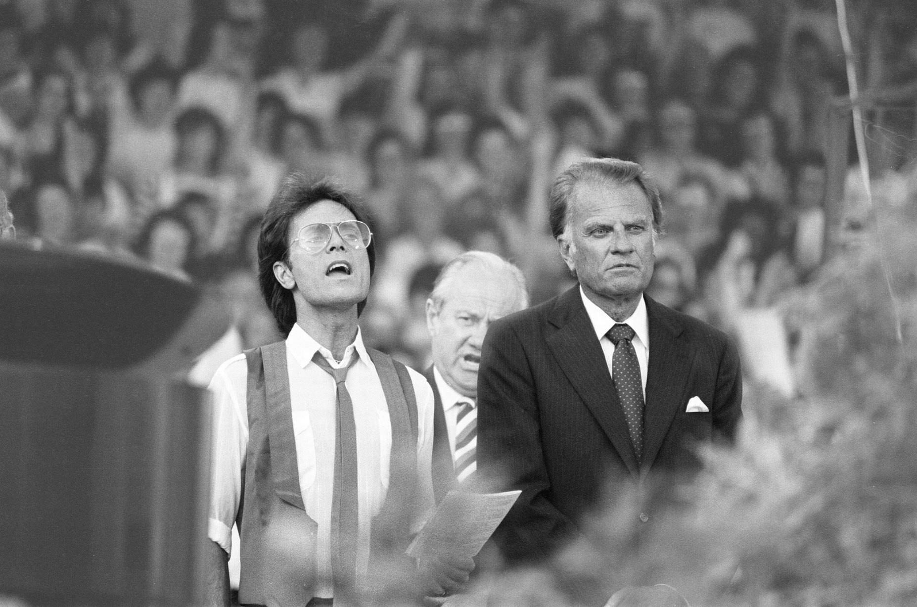 #17 Billy Graham, American Christian evangelist, Mission England Crusade, Villa Park, Birmingham, 6th July 1984, with special guest, singer, Cliff Richard.