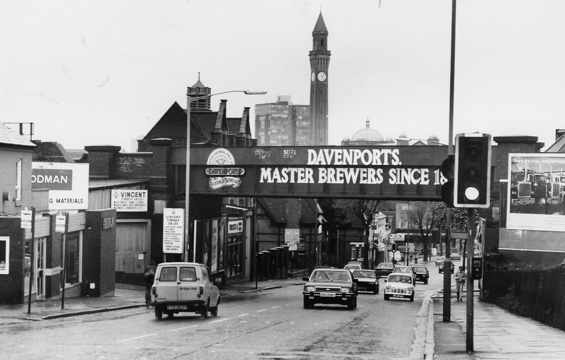 #23 Bristol Road Selly Oak looking towards the railway bridge with the Birmingham University clock tower in the background.17th May 1987.