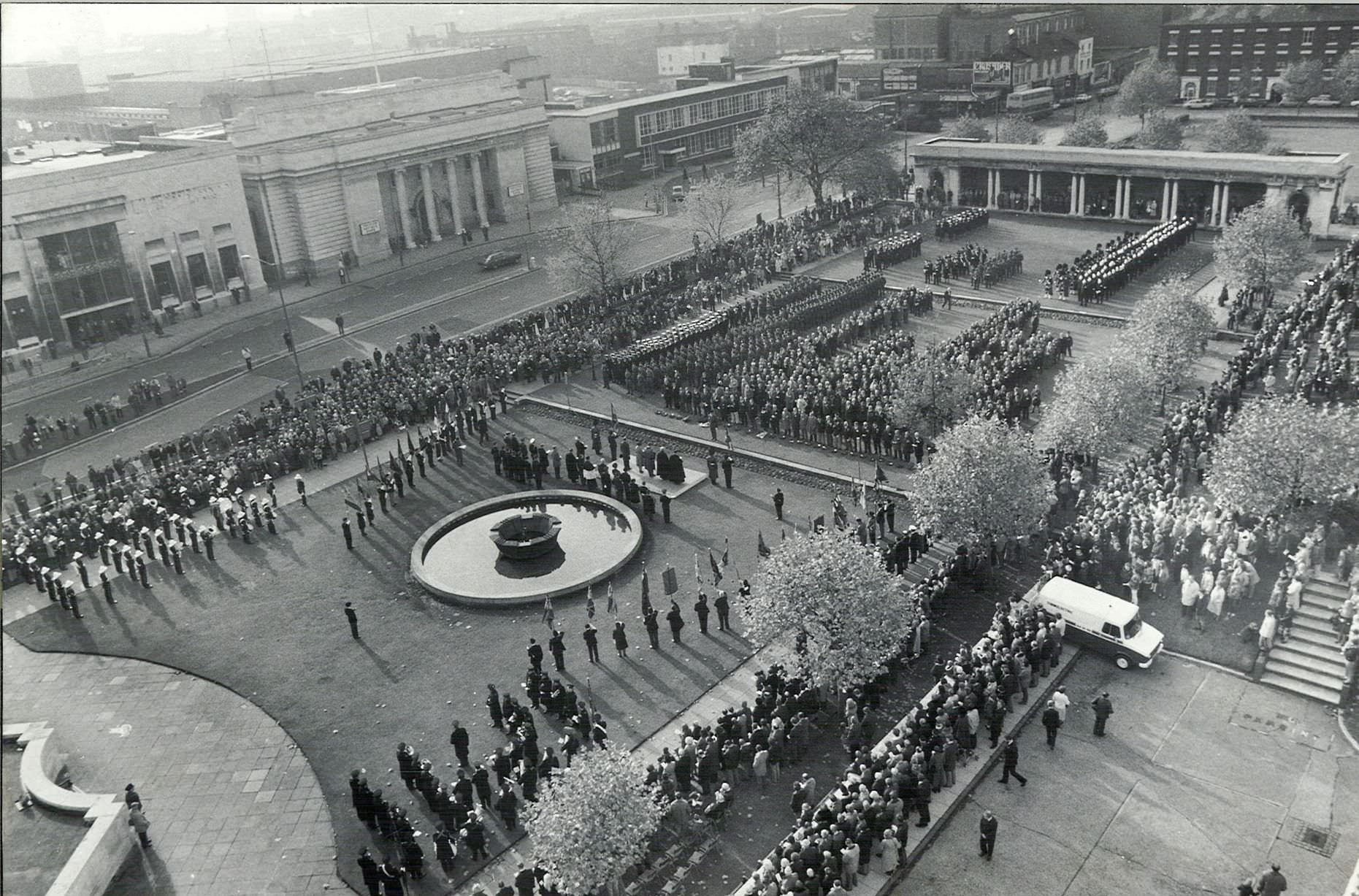 #8 Hundreds of people, including an 80-strong party of sailors from H.M.S. Birmingham, attend the Remembrance Day service at Birmingham Hall of Memory. 6th November 1981.