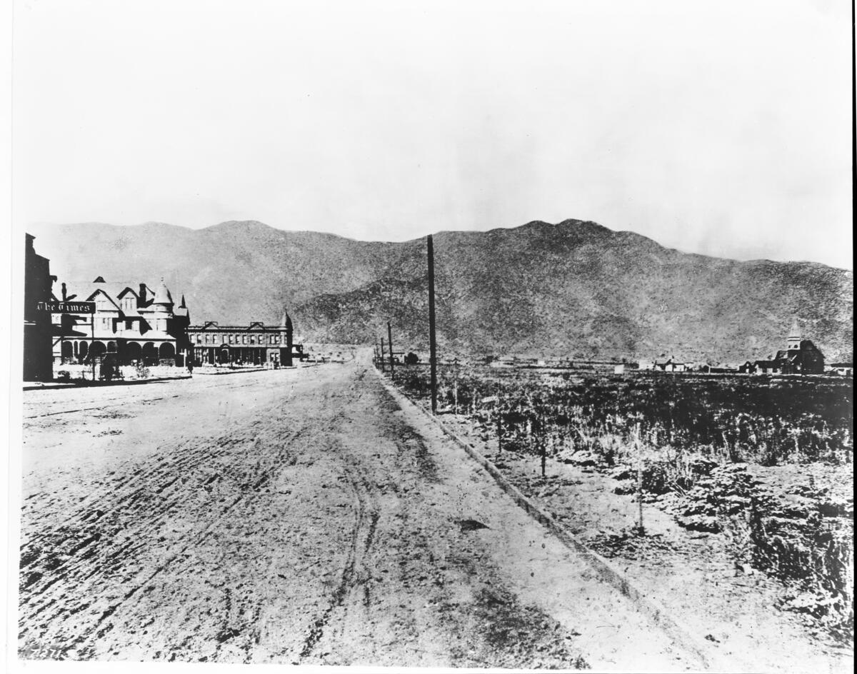 #22 View looking northeast on Olive Street in Burbank, showing the Times building, ca.1898