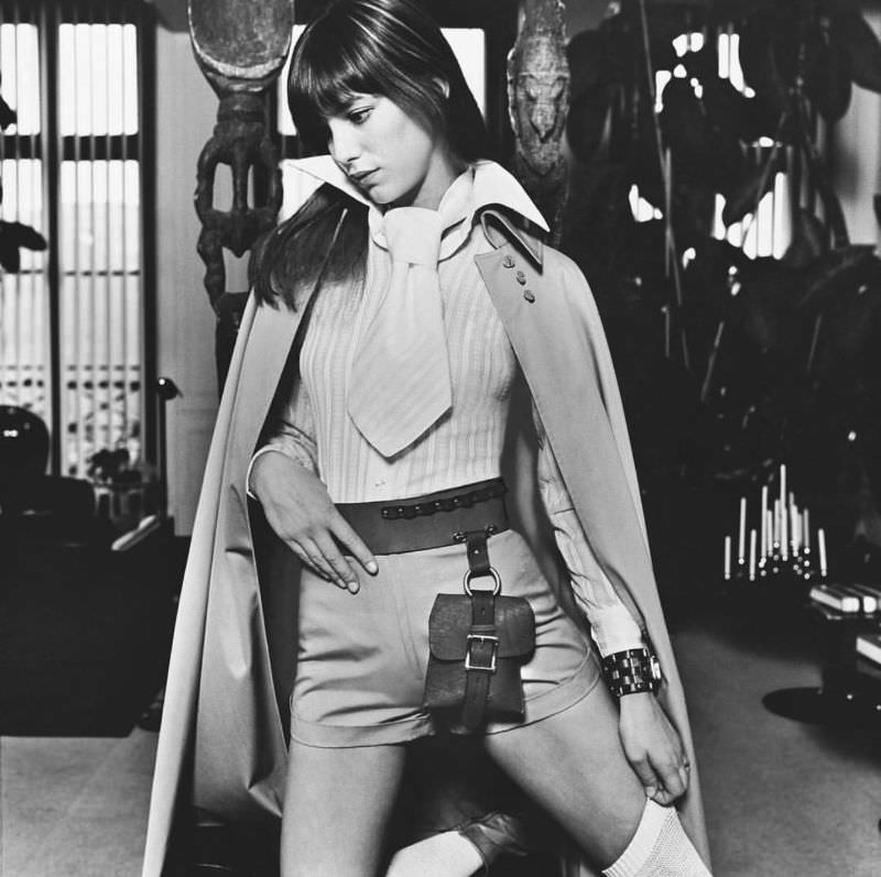 #36 Jane Birkin wearing a white stripped shirt with tie, 1971