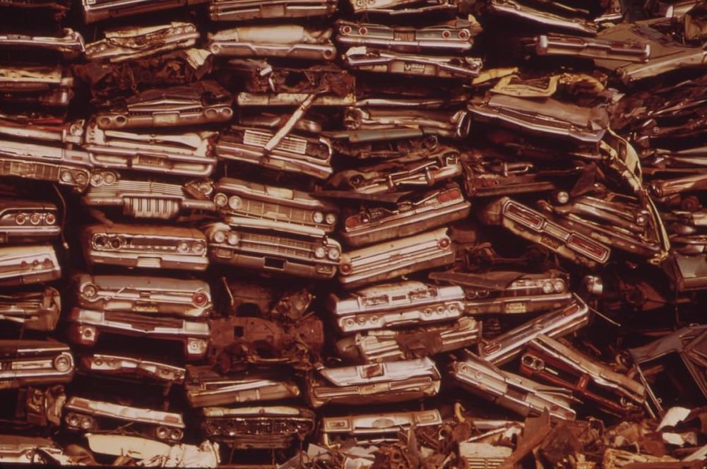 #19 Stacked Cars In City Junkyard Will Be Used For Scrap, August 1973
