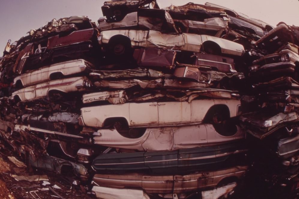 #20 Stacked Cars In City Junkyard Will Be Used For Scrap, August 1973