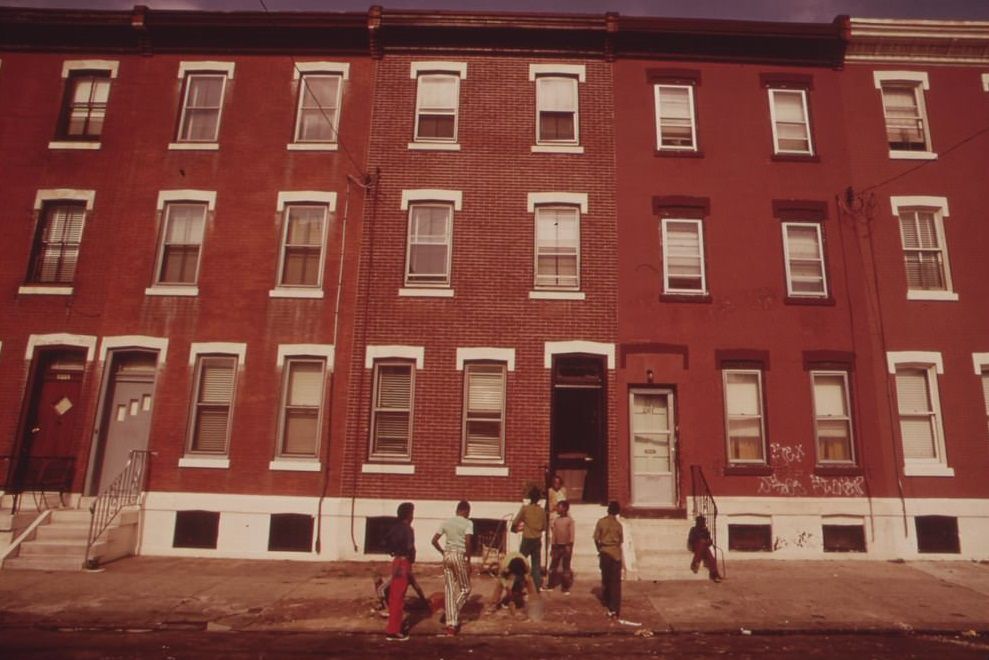 #35 Neighborhood Youths Repaving Sidewalk In Front Of Apartment Buildings In North Philadelphia, August 1973
