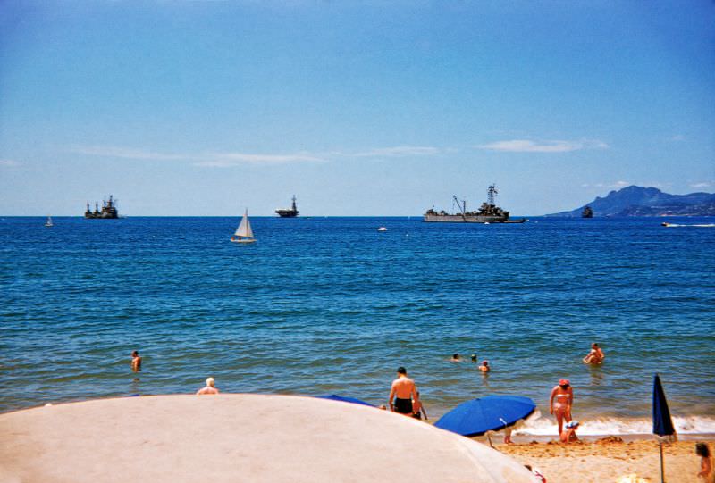 #12 View of the USS Intrepid in the Golfe de la Napoule from Boulevard de la Croisette, Cannes, 1956