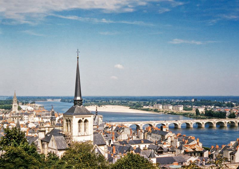 #32 View of the Spire of St Peters Church and the Cessart Bridge from Château de Saumur, Loire Valley, 1958