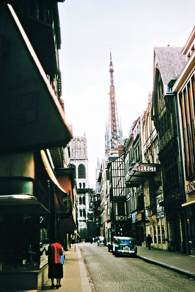#33 Looking towards the Cathedral, Gros Horloge (Big Clock) Street, France, 1956