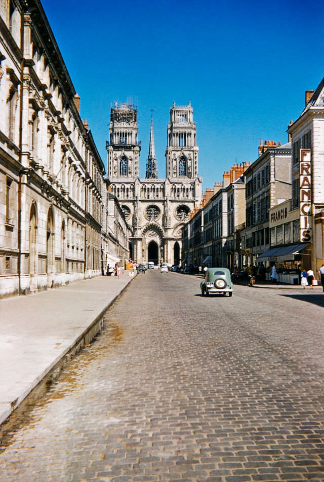 #44 Orléans Cathedral (Basilique Cathédrale Sainte-Croix d’Orléans) from Rue Jeanne d’Arc, 1956