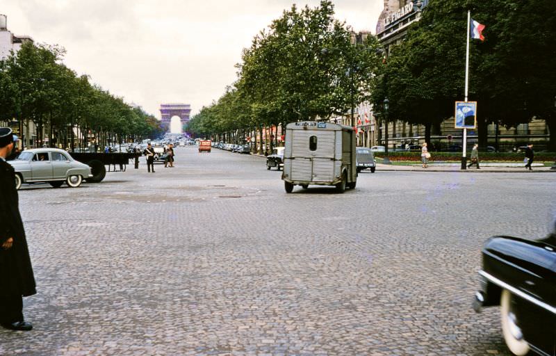 #58 On the Avenue des Champs-Elysees looking toward the Arc de Triomphe, Paris, 1950s