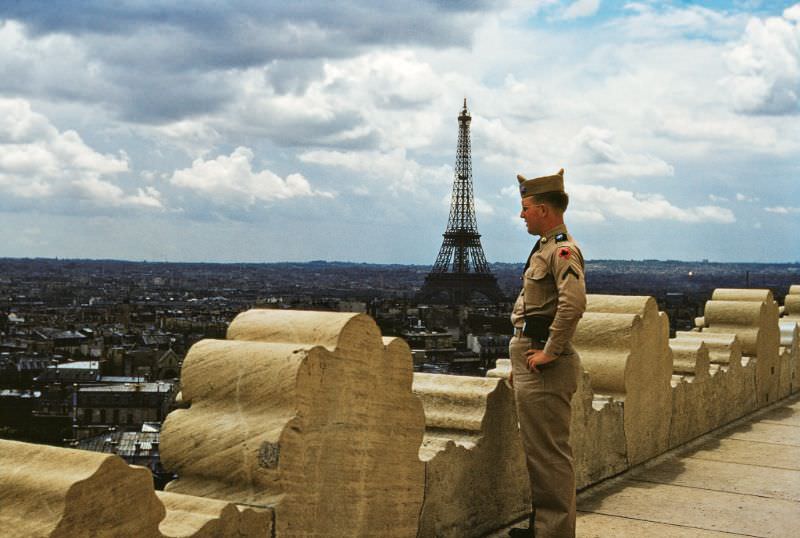 #75 View towards the Eiffel Tower from the Arc de Triomphe (the soldier is Canadian), 1953
