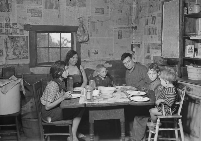 #42 Scott’s Run, West Virginia. Employed miner’s family – Sessa Hill – This picture was taken at the natural supper hour, March 1937