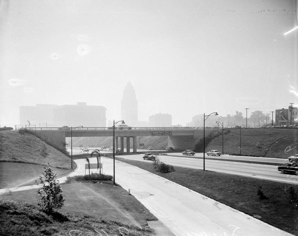 #93 Civic Center from Hollywood Freeway, west of Grand Avenue, Smog, 1952