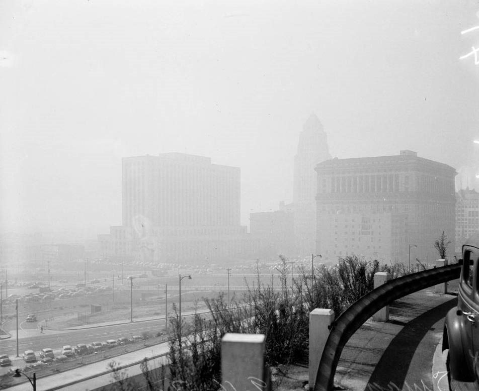 #94 Civic Center taken from Hill Street overlooking North Broadway, Smog, 1952