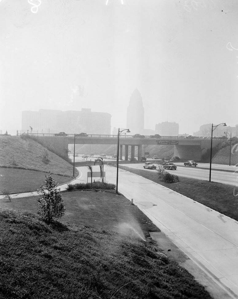 #95 Civic Center taken from Hill Street overlooking North Broadway, Smog, 1952