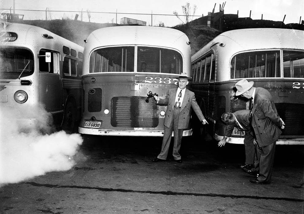 #129 Smog, Pacific Electric bus smoke, 1950