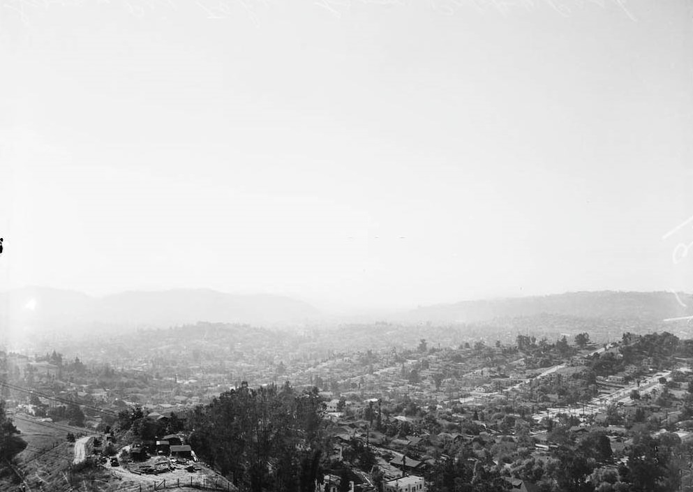 #26 Smog from San Rafael Drive overlooking Highland Park. Smog — pix looking north from San Rafael Hills showing Mount Wilson, 1949