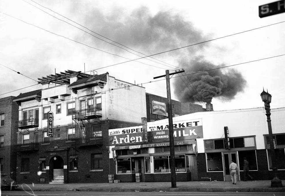 #43 Smoking stack from Mercer Hotel, 1347 South Hill Street, throwing heavy clouds of smoke upward, 10 March 1949