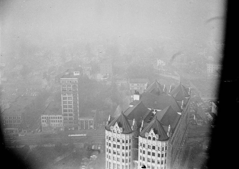 #54 Smog from roof of Occidental Building, looking southeast, 1949