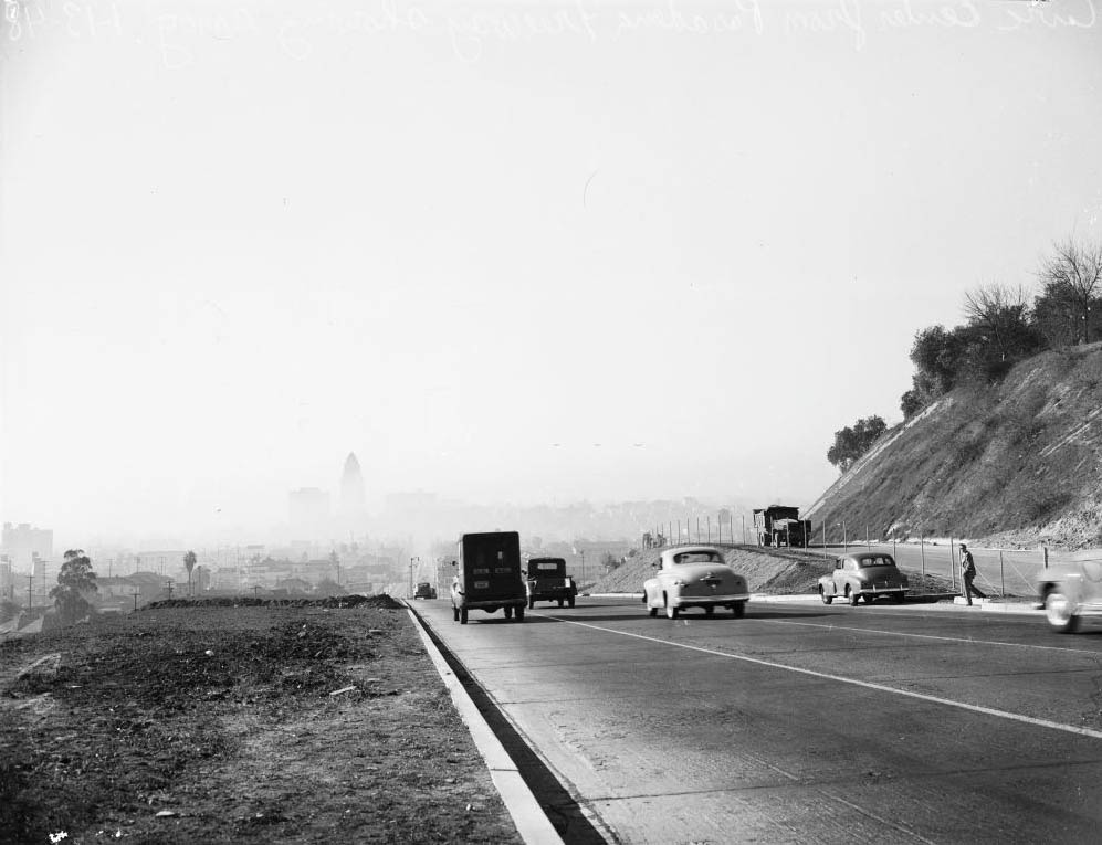 #71 Civic Center seen from the Pasadena Freeway, showing smog, 1948