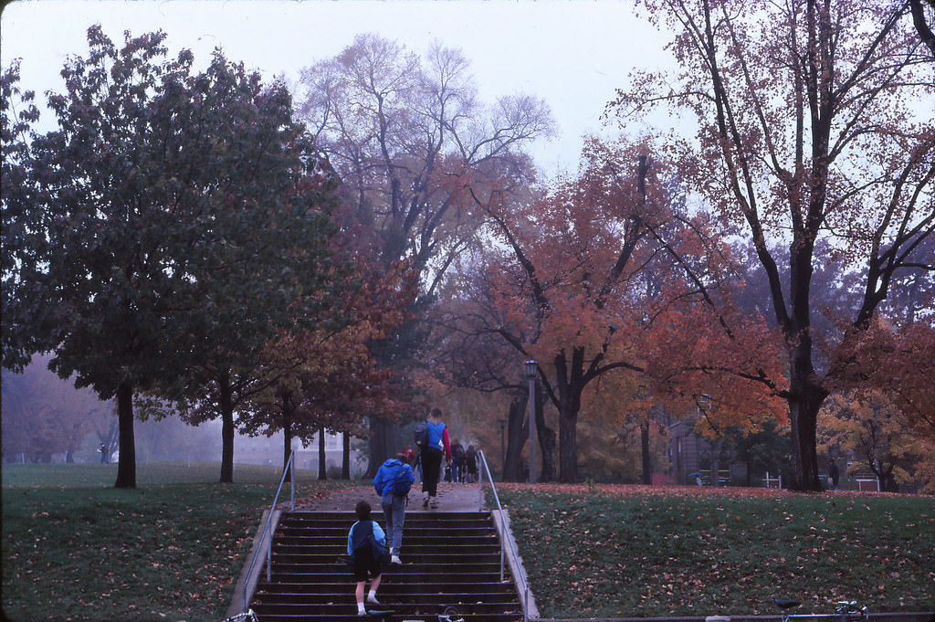 #24 Climbing Bascom Hill on a foggy day, UW-Madison, Fall 1985