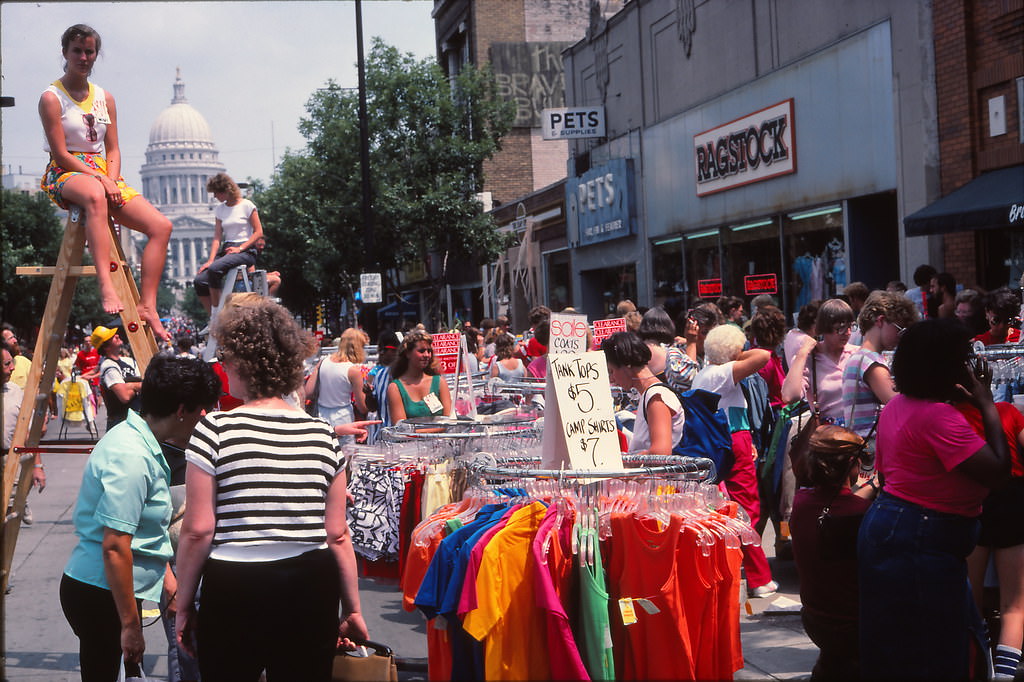 #6 State Street during Maxwell Street Days, a major sales event in downtown Madison, 1985