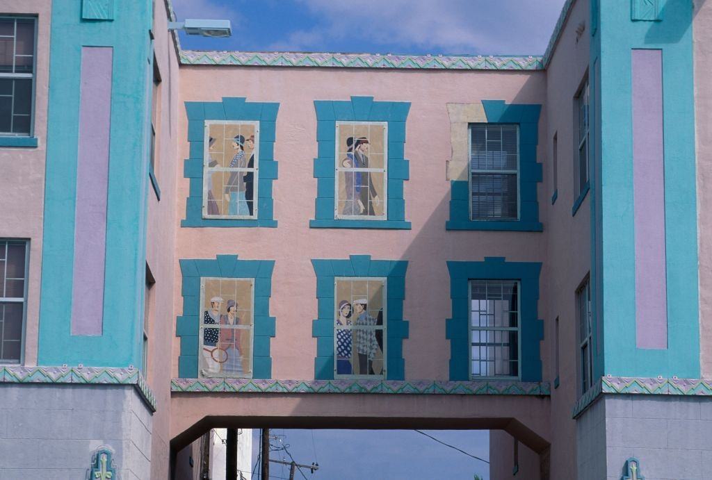 #39 Art Deco trompe l’oeil or false windows on a building at Deco Plaza, 5th Street, on South Beach, Miami, 1990.