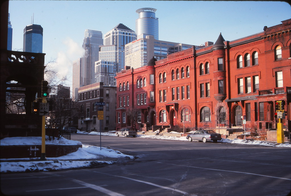 #24 9th Street apartment buildings from Park Avenue, Minneapolis, January 1993