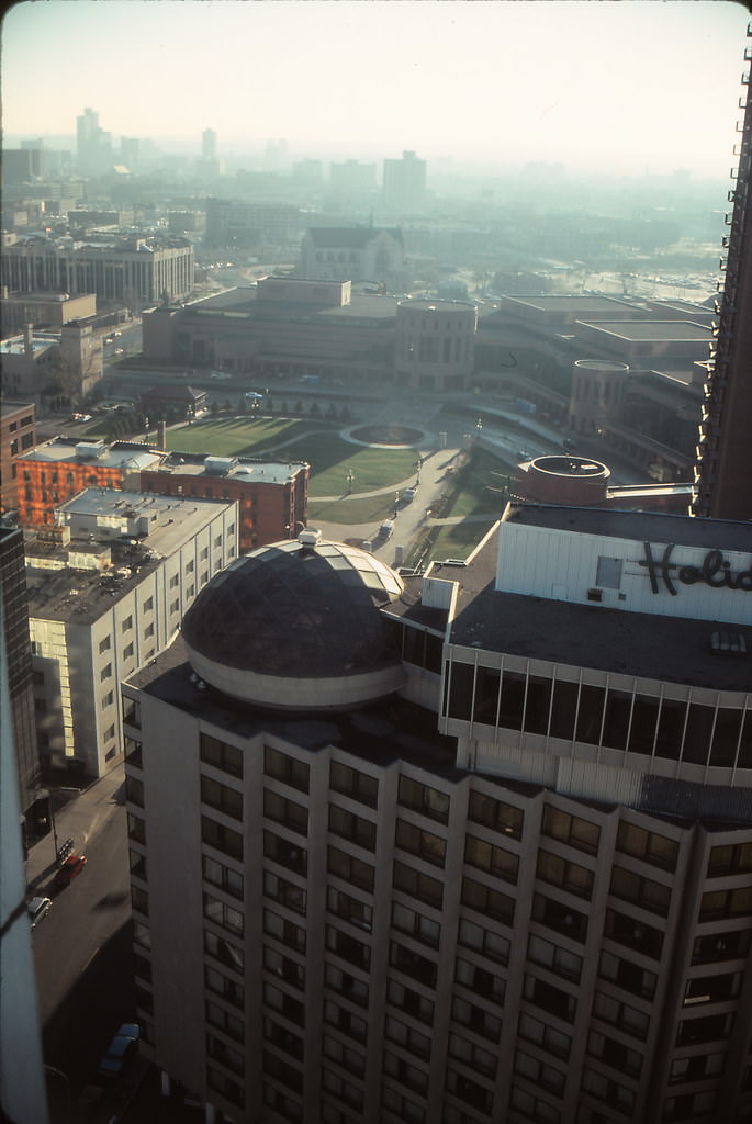 #70 Looking down 13th Street towards Laurel Village Apartments under construction from Hyatt Regency, Minneapolis, Nov 1990