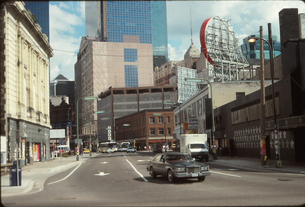 #104 7th Street from First Avenue N, Academy Theater at left, First Avenue Nightclub (made famous by Prince & The Replacements) at right, August 1991