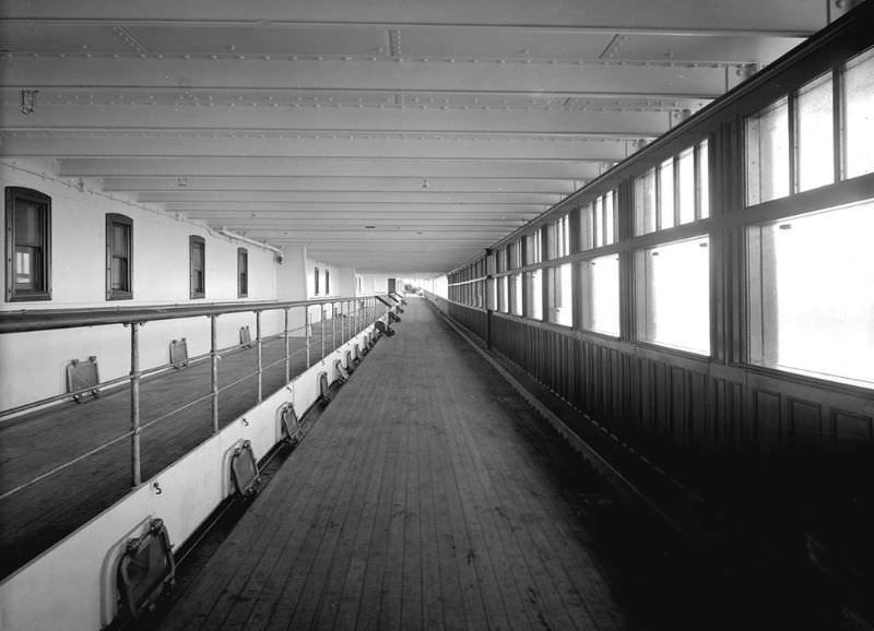 The sheltered part of Aquitania’s 1st Class Promenade, on the port side of the Bridge Deck (B Deck).