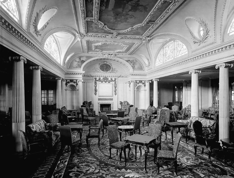 Aquitania’s 1st Class Lounge, prior to the liner entering service. This was also called the Palladian Lounge, and was located on the Promenade Deck (A Deck), April 1914