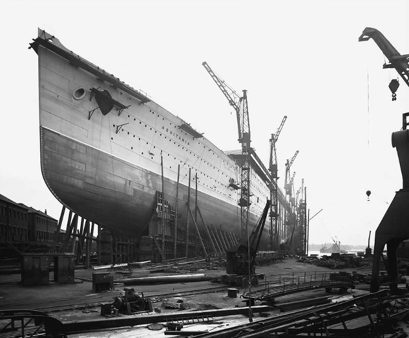 The passenger liner Aquitania under construction by John Brown &; Co Ltd. at Clydebank. A general view along the port side of the ship, 1913