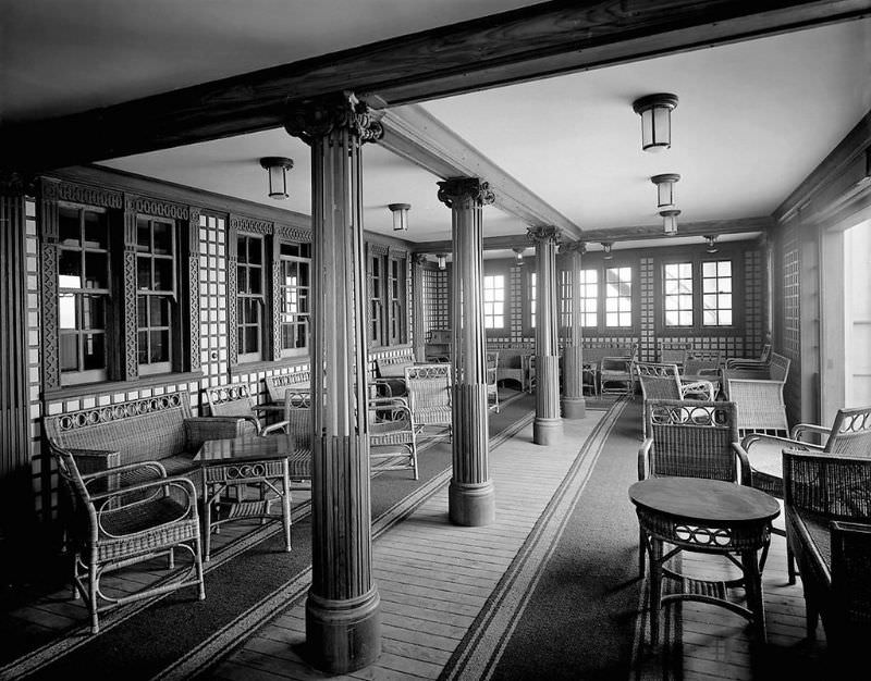 Aquitania’s 2nd Class Verandah Cafe, on the Bridge Deck (B Deck). This view is looking across to the starboard side, with the sliding doors opened, May 1914