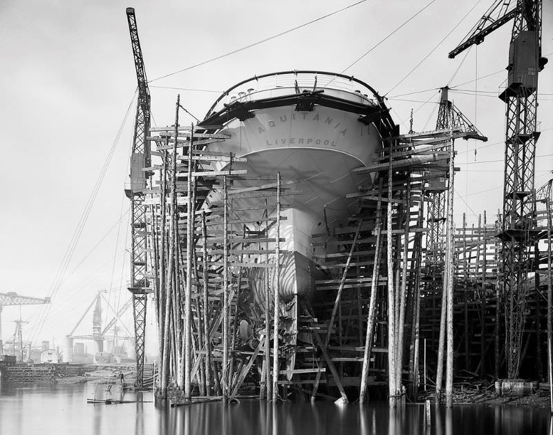 Cunard’s Aquitania on the stocks at John Brown &; Company of Clydebank; the same Scottish yard that would later build the Queen Mary, Queen Elizabeth and Queen Elizabeth 2, circa 1913