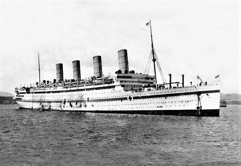 Aquitania as a hospital ship, off the Greek island of Lemnos, October 2, 1915. After her maiden voyage to New York in May of 1914, Aquitania’s commercial life was brief.