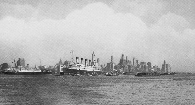 Two Cunarders at New York- the inbound Aquitania passes the outbound Franconia (also built at John Brown &; Company) on June 24, 1932