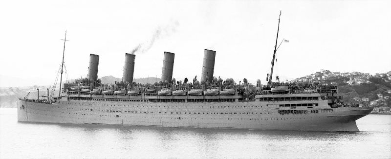 Cunard’s Aquitania at Wellington, New Zealand during WWII, circa 1943