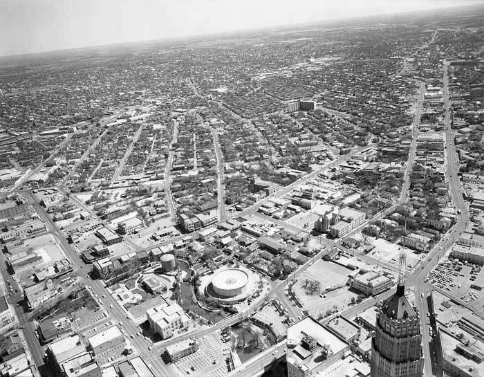 #1 Aerial view looking east, southeast toward future site of HemisFair, 1964