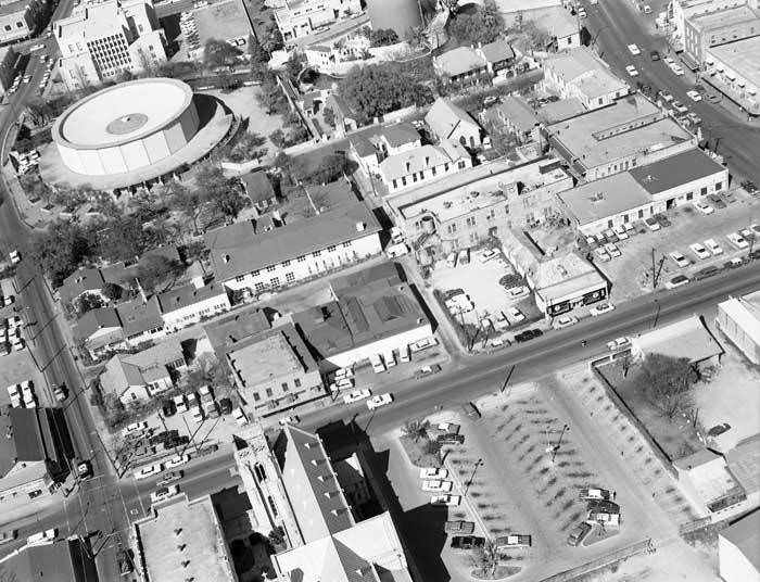 #66 Aerial view looking northeast toward La Villita (center) and the round Villita Assembly Hall, 1964