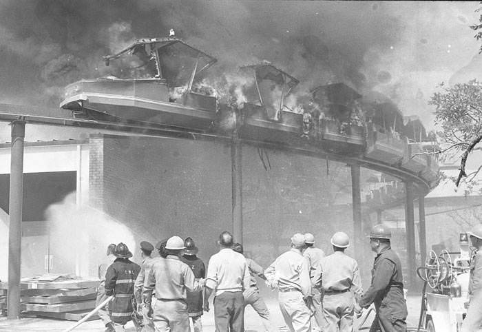 #96 Fire on the HemisFair mini-monorail ten days before the opening of the fair, 1968