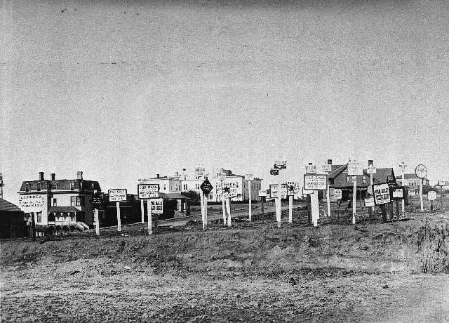 #74 Large number of For Sale signs on a vacant lot with houses in the distance, 1899