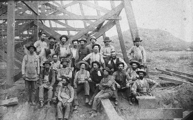 #16 Flume construction workers under the Los Coches trestle, 1893