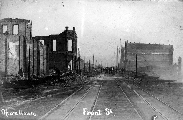 The ruins of Frye’s Opera House at Northeast corner 1st Ave. and Marion Street, 1889