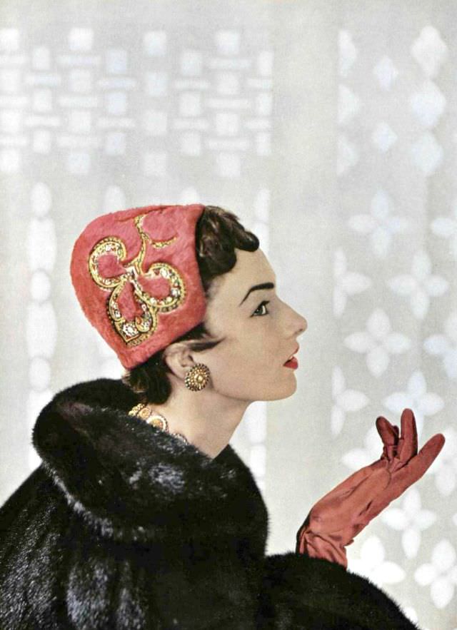 #24 Victoria von Hagen in red embroidered cap by Gilbert Orcel, mink coat by Fourrures Max, L’Officiel, 1953