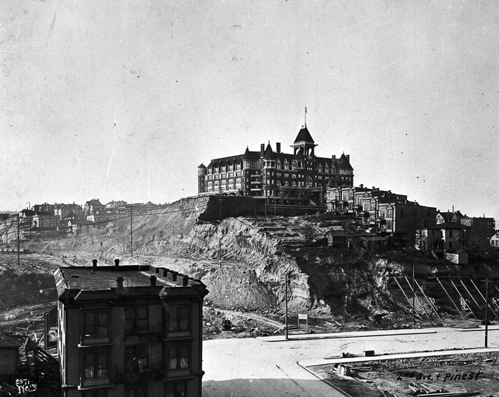 #2 The Denny Hotel (later called the Washington Hotel) stands on the south summit of Denny Hill before being torn down. 1905.