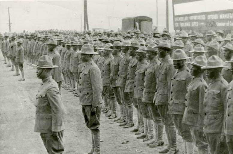 #11 Johnson C. Smith University ROTC members in uniform lined up, 1940s