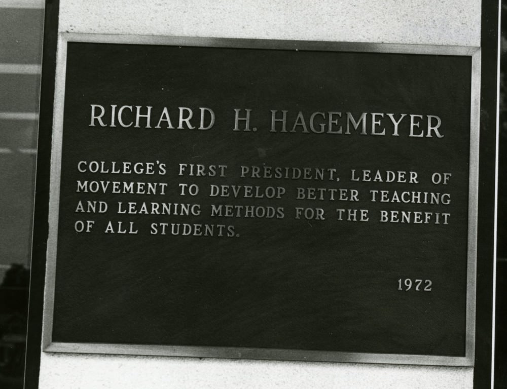 #11 A plaque dedicating the library to Dr. Richard Hagemeyer, the college’s first president, 1972
