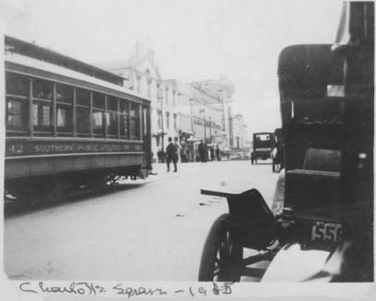 #52 Street Railroad Car No.42 at the intersection of Trade and Tryon Streets, 1915